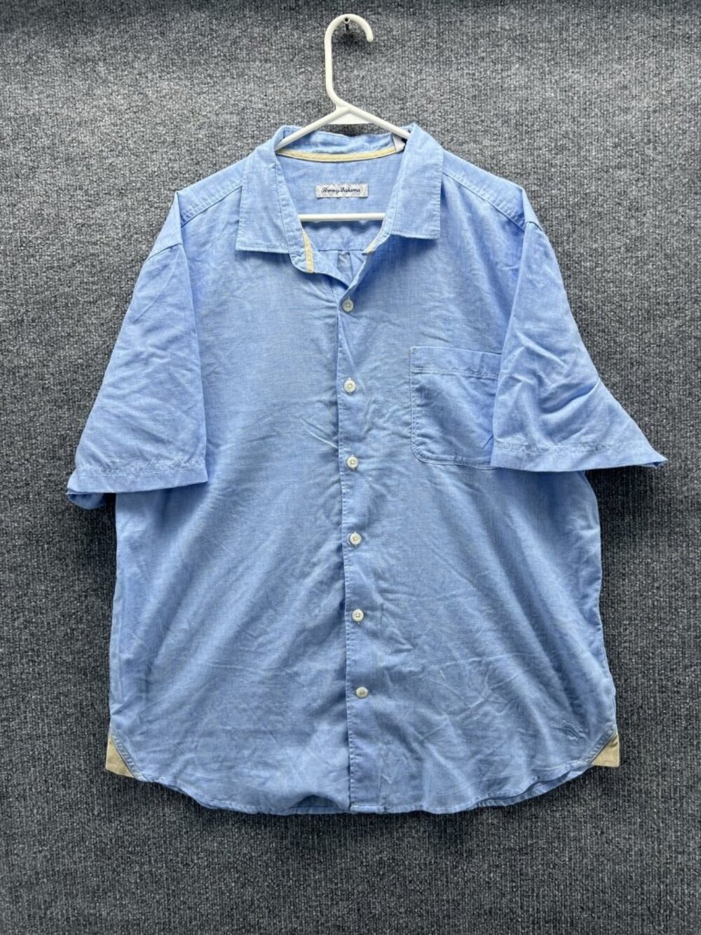 Tommy Bahama Shirt Men XL Blue Solid Short Sleeve Button Up Linen Camp Casual
